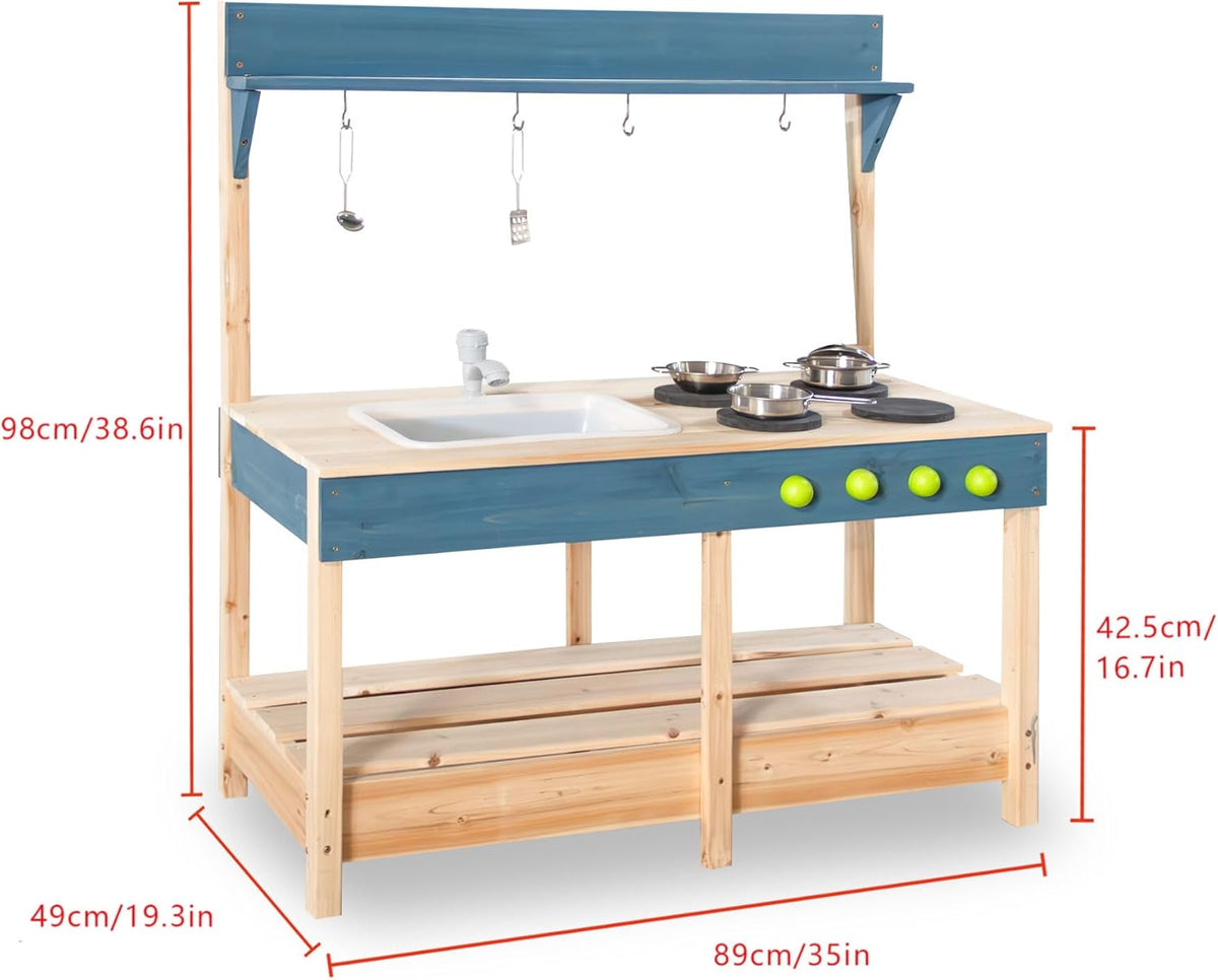 Mud Kitchen Playset for, Outdoor Wooden Toy Play Kitchen Set for Boys and Girls, Kitchen Accessories and Garden Sink with Faucet, Blackboard, Cookware Pot (Blue1)
