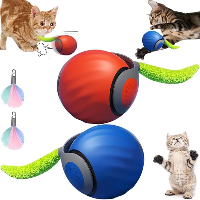 Interactive Cat Toys for Indoor Cats, Smart Interactive Cat Toy Ball with Tail Automatic Kitten Toys for Bored Indoor Adult Cats Two Speed Adjustment (Blue&Orange)