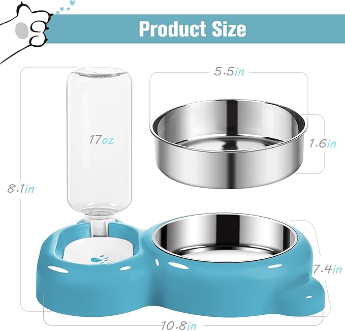 Dog Bowls, Cat Food and Water Bowl Set with Water Dispenser and Stainless Steel Bowl for Cats and Small Dogs - Blue