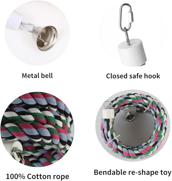 94.4inch Length Colorful Cotton Bendable Rope Perch Swing Bird Chew Toys Amazon Parrots Cage Toys with Bell Swing Climbing Standing Bungee Bird Toys for Regular to Big Size Birds