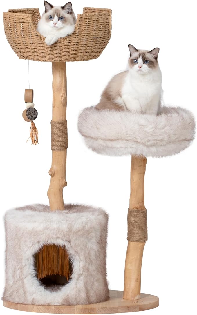 Cat Tree Tower with Two Real Branches, 44 INCH Wood Modern Cat Tower with Luxury Cat Condo, Cat Scratching Post, Jumping Platforms, Cat Furniture (Long Plush)