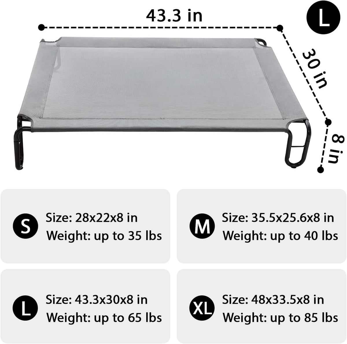 pettycare Elevated Outdoor Dog Bed - Raised Dog Bed for Large Dogs, Waterproof Dog Cot Bed Easy to Assemble, Cooling Elevated Dog Bed with Breathable Teslin Mesh, Durable, Non Slip, Up to 65 lbs,Grey