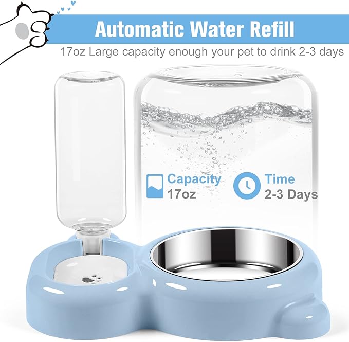 Dog Bowls, Cat Food and Water Bowl Set with Water Dispenser and Stainless Steel Bowl for Cats and Small Dogs - Light Blue