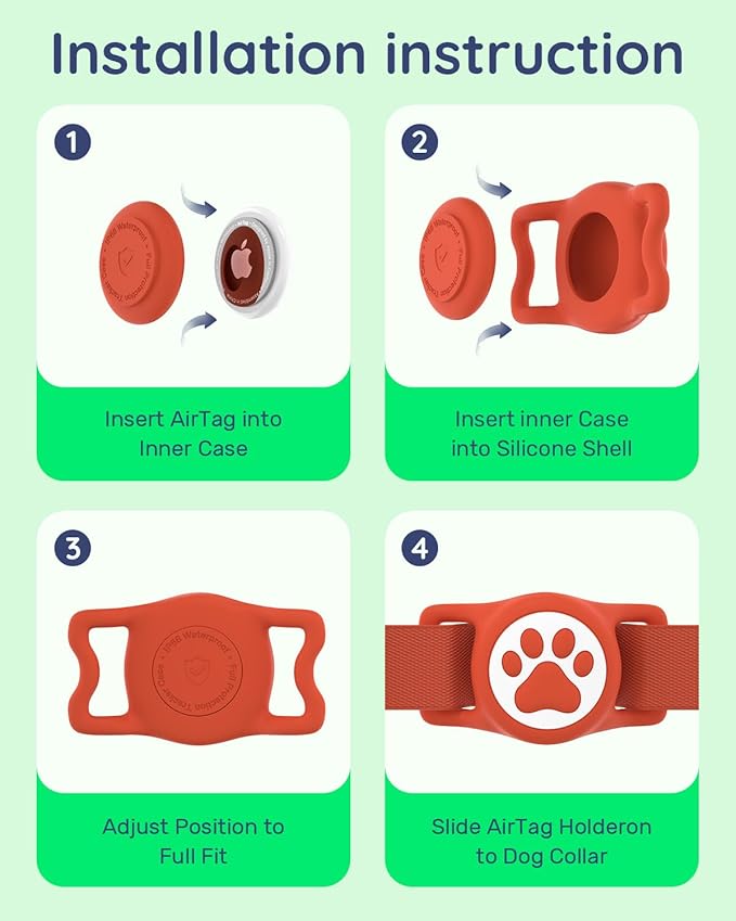 IP68 Waterpoof Dog Airtag Holder, Stretchy Silicone Full Body Covered Apple Air Tag Holder for Dog Cat Collar Fit All Width Collar (Red, 1 Pack)