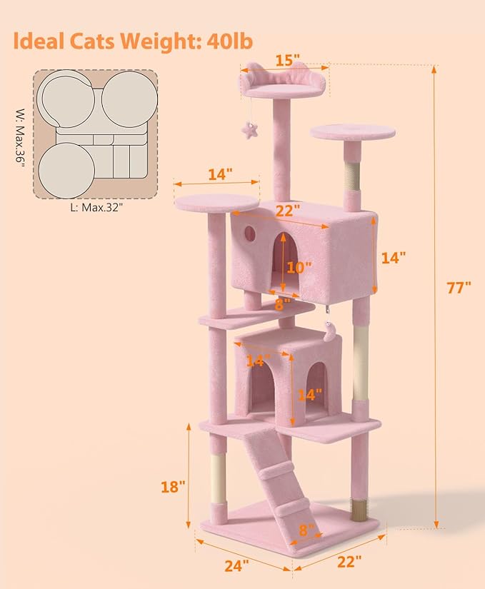 77'' Cat Tree Tower for Indoor Cats Large Adult, Cute/Tall Modern Cat Tree for Big Cats 20 lbs, Plush Multi-Level Cat Condo with Scratching Posts,Dangling Ball (Soft Pink, 77 inch)