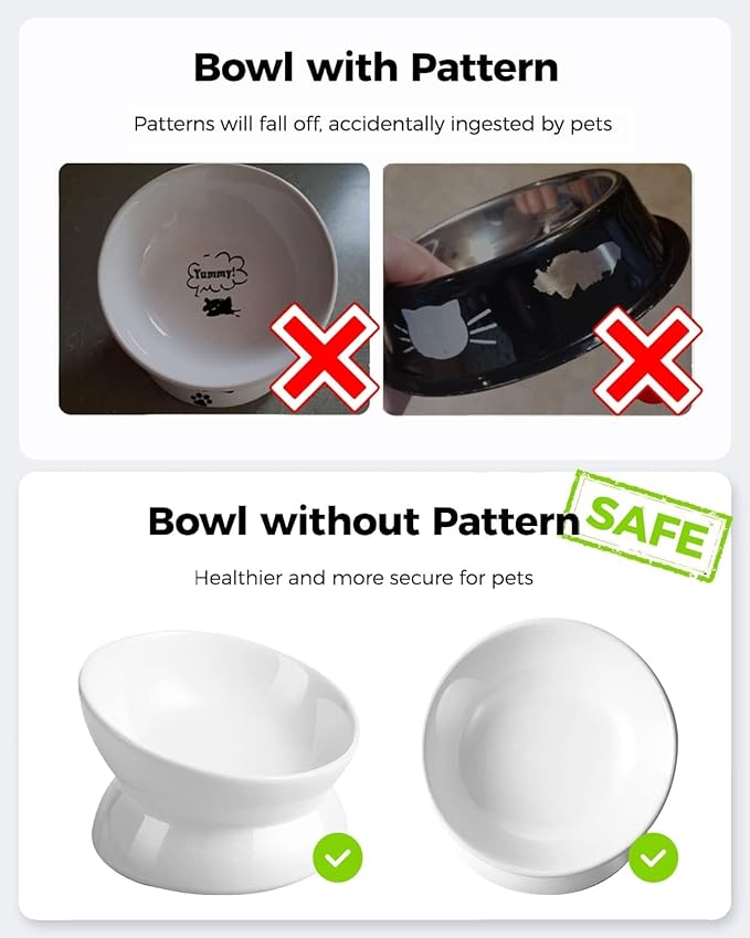 LoeJan Elevated Cat Food Bowl, 5 Oz Ceramic Raised and Tilted Water Bowl, Anti Vomiting and Protect Pets' Spines Dishes for Small Dog, Fat Faced Cat, Kitten (White, 10 OZ)