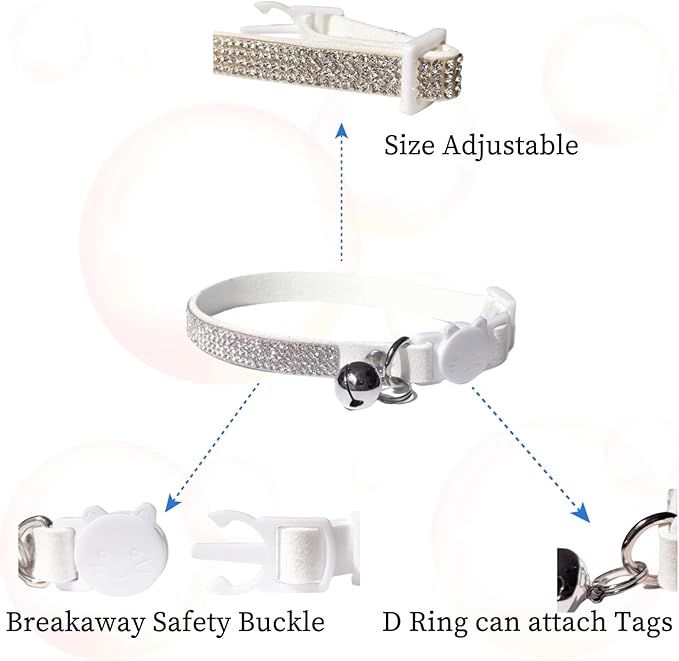 Rhinestone Cat Collar Breakaway with Bell Safety Buckle, Adjustable Diamond Girl Boy Kitty Cute Comfy Collar for Kitten Tiny Little Pets Rabbits, 6"-9" White Extra Small