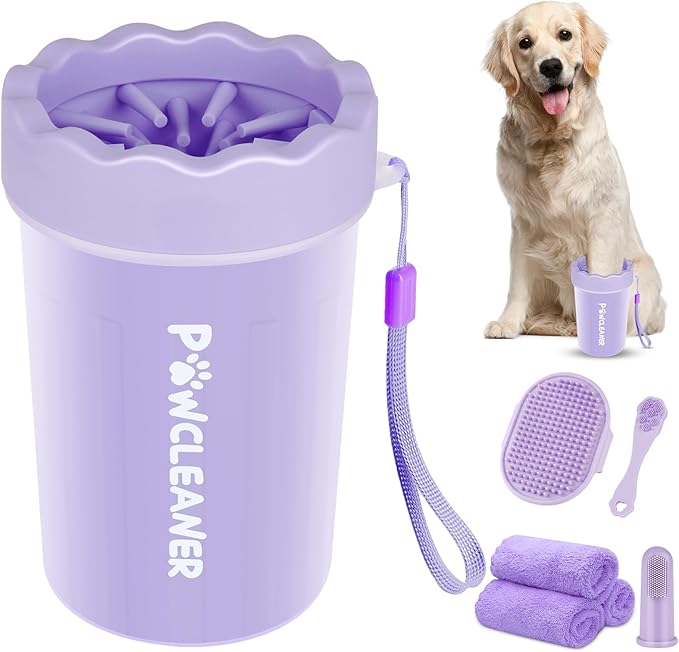 Professional 7 in 1 Dog Paw Cleaner for Dogs & Cats - Includes 1 Portable Paw Washer, 1 Bath Brush, 2 Dog Toothbrushes and 3 Absorbent Towels Note: Fits Paws 1.5 to 2.5 Inches Wide (Medium, Purple)