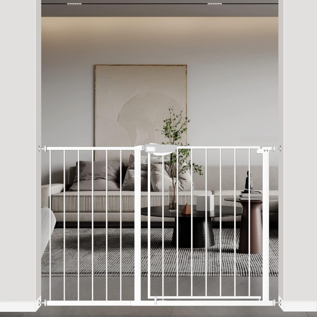 WAOWAO Triple Lock Baby Gate Extra Wide 44.48-48.42" Pressure Mounted Walk Through Swing Auto Close Safety White Metal Child Kids Dog Pet Puppy for Stairs,Doorways