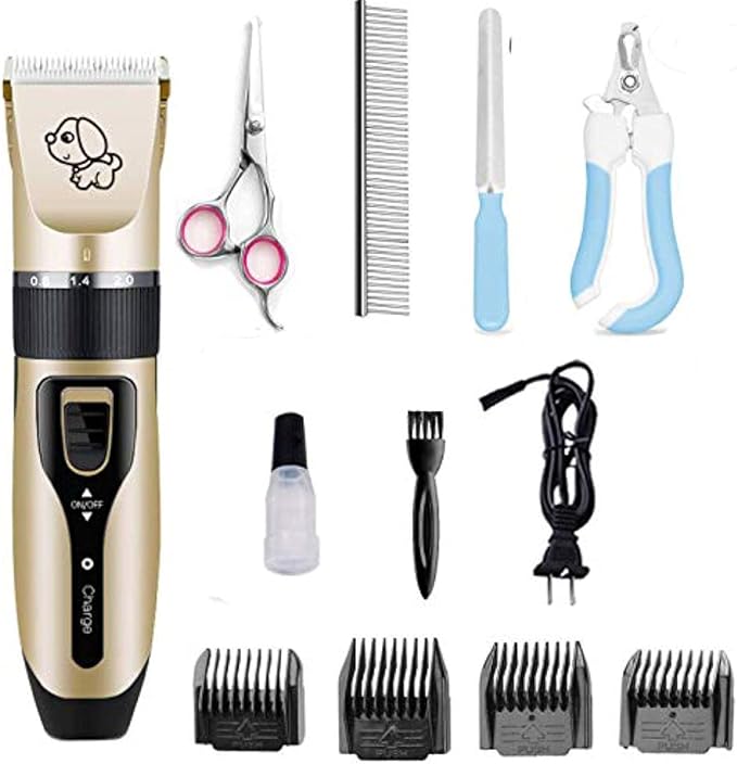 Pet Grooming kit, Professional Rechargeable Cordless Dog Grooming Clippers Kit Low Noise Electric Hair Trimming Clippers Set with Comb Guides, Stain Steel Scissors, Nail Kits and Popular groomi