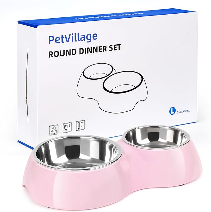 Elevated Dog Bowls Set - Non-Slip Raised Pet Feeder with Medium (10 oz) & Large (20 oz) Stainless Steel Bowls - Includes Durable Resin Stand for Puppies, Adult Dogs & Cats - Pink