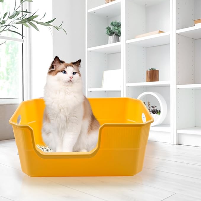 Large Low Entry Litter Box with High Sides,Plastic Cat Litter Pan Open Top Anti-Splashing Kitten Litter Box,Yellow Low Entrance Cat Toilet Easy to Clean