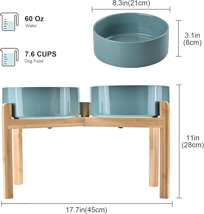 SPUNKYJUNKY Elevated Dog Bowls Ceramic, 8.3'' Dogs Food Water Bowls Raised with Non-Slip Bamboo Stand for Large Sized Breed Microwave Dishwasher Safe - 60 OZ,Dark Green