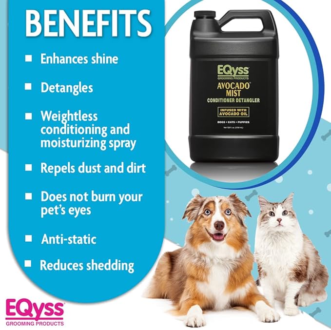 EQyss Avocado Mist Pet Spray Conditioner - Shines, Conditions, and Reduces Shedding, Weightless Leave in Spray - for Dogs, Cats, Puppies - Oil and Silicone Free, pH Balanced, USA Made (128 oz)