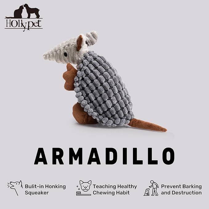 Hollypet Plush Dog Squeaky Toy Stuffed Armadillo Animal Pet Puppy Chew Toys with Clean Teeth for Small Medium Large All Breed Sizes Dogs, Dark Gray, 8 in