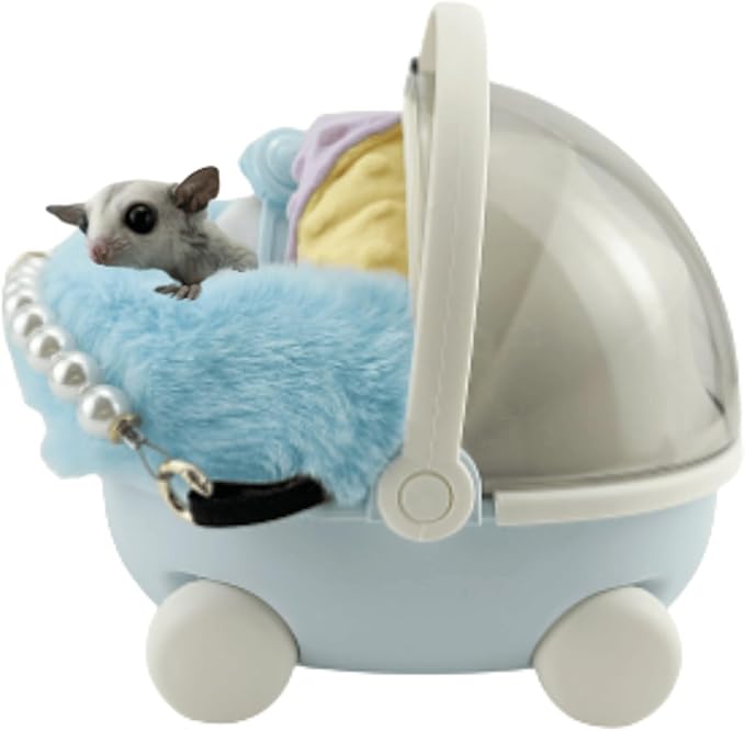 Sugar Glider Carrier Cage with Warm Nest, Cushion, Mat and Safe Lock, Portable Cages with Chain, Small Animals Travel Carrier Plastic Breathable Outgoing Box for Hamsters (Blue)