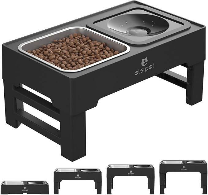 ELS PET Elevated Dog Bowls, Adjustable Raised Dog Bowls with No Spill Dog Water Bowl and Stainless Steel/Slow Feeder, for Small Medium Large Dogs,Cats & Pets (Stainless Steel)