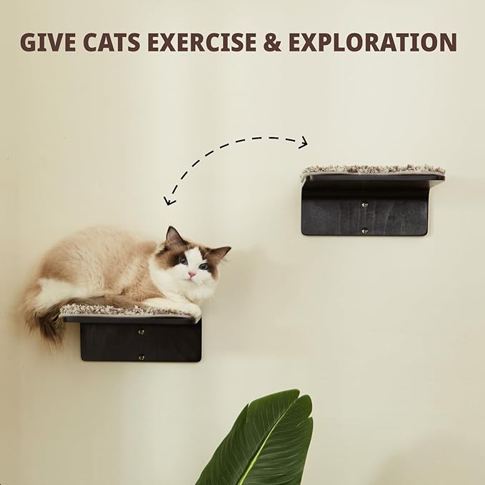2 Set Cat Wall Steps - Wooden Cat Climbing Shelf for Wall - Cats Wall Stairs with Scratching Mat - Wall Mounted Cats Furniture for Jumping, Playing, and Lounging, Walnut