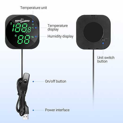 REPTI ZOO Thermometer Hygrometer, LED Digital Thermo Hygrometer for Reptile Terrarium Pet Rearing Box, Reptile Tank Thermometer with 55.2" Cable USB Power Supply