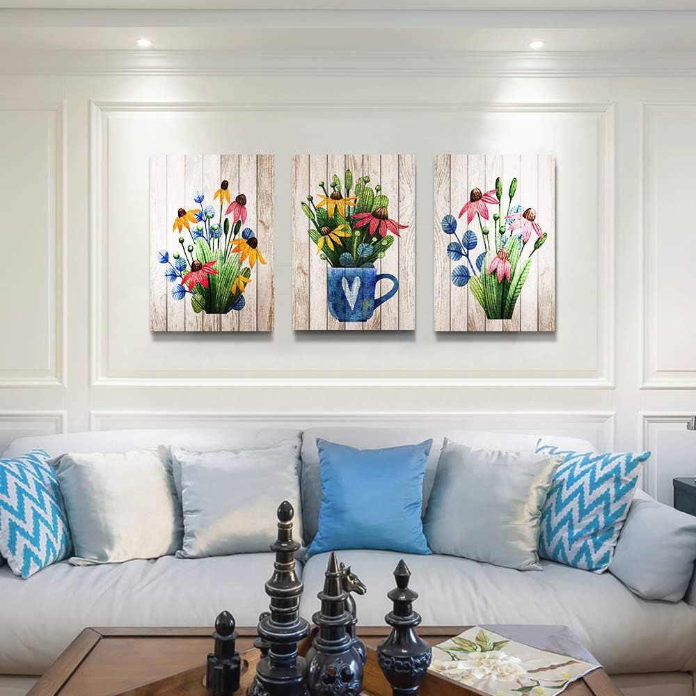 Vintage Wood grain plant flowers wall art for kitchen Wall Decoration for Living Room Wall decor for Bedroom room Decor 20" X 28" 3 Piece Framed Office Canvas print Artwork modern Home Decor painting