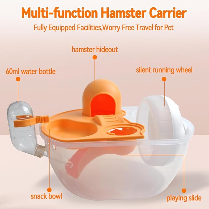 Carrier Cage for Hamster Portable,Lightweight Hamster Travel Carrier with Exercise Wheel Water Bottle,Plastic Small Rat Travel Cage Breathable Orange Outdoor Pet Case for Little Rats Mice