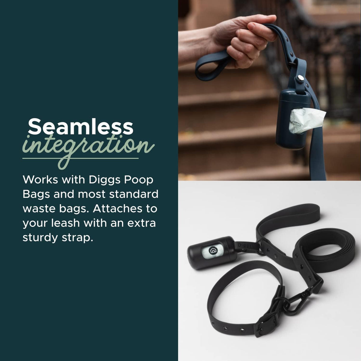 DIGGS Dog Poop Bag Dispenser for Leash - Premium Dog Waste Bag Holder with Easy One-Hand Dispensing (Ash)