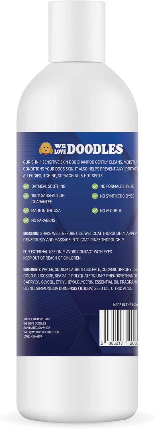 Premium 3-in-1 Sensitive Skin Dog Shampoo, Great for Allergies, Itching, Scratching, Anti-Itch Shampoo for Dogs with Oatmeal & Aloe, Made in USA, Natural Ingredients, 16 oz [We Love Doodles]