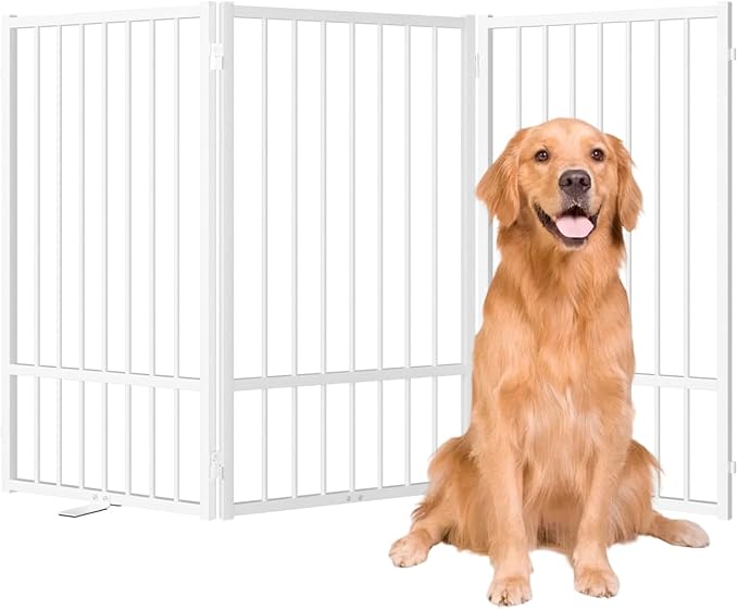 Full Metal Freestanding Dog Gate with Door, 32''Height Foldable Pet Dog Fence for Indoor & Outdoor, 3 Panels Extra Wide Free Standing TallDog Gates for Doorways,House,Stairs,Porch,Deck,Yard
