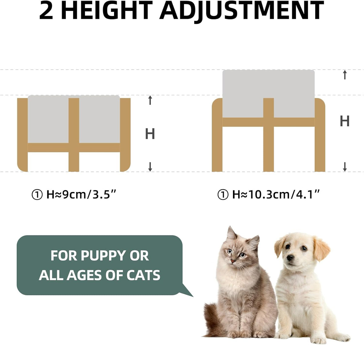 Ceramic Raised Dog and Cat Bowl Set, 2 Heights Elevated Stand, Food and Water Bowl for Small Breed Dogs, Cats, Kitty, Weighted Dog Dishes, Pet Bowls(5.1'',13.5oz, Grey)