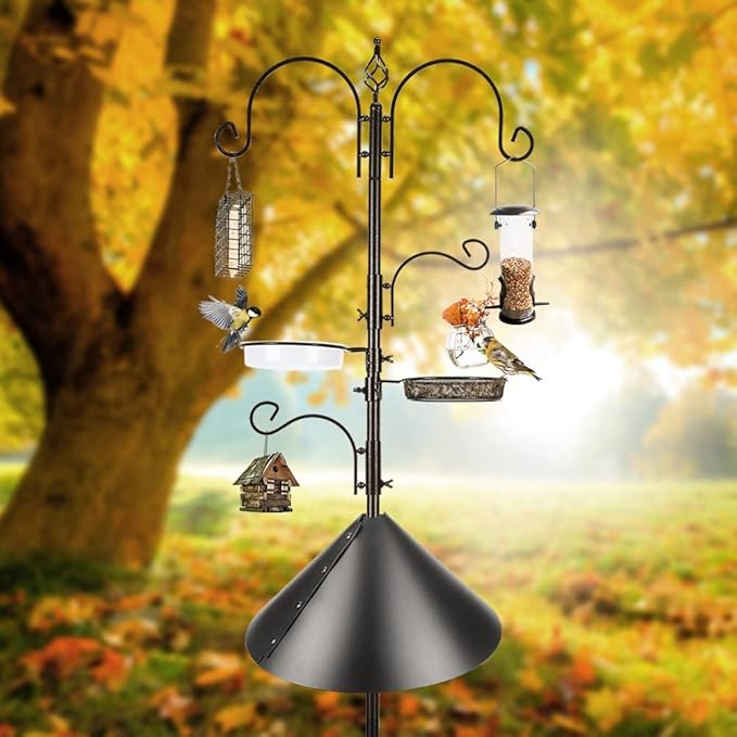 Deluxe Bird Feeding Station Kit - Wild Bird Feeder Hanging Pole With Multi Feeder, Suet Cage, Planter Hanger, and Squirrel Guard Baffle for Attracting Birds
