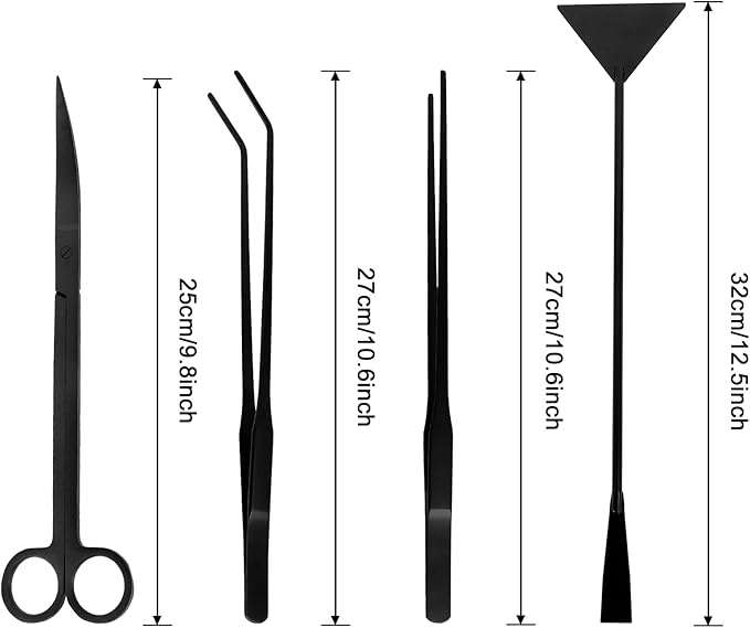 Aquarium Aquascaping Tool Stainless Steel Aquascape Tools Kit 4 in 1 Anti-Rust Fish Tank Starter Kit with Tweezers Scissors Spatula for Aquarium Plants (Black)