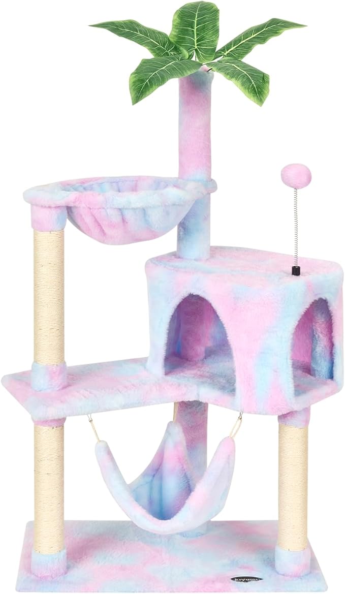 KIYUMI Cat Tree Cat Tower Condo with Sisal Scratching Post for Indoor Cats Tree Furniture with Hammock Perch and Kitten Ball Toys, Multi-Level Pet Activity Center (Rainbow)
