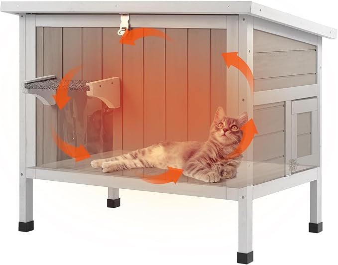 PetsCosset Insulated Cat House Outdoor Weatherproof Feral Cat Shelter for Winter, All-Round Foam Insulation Wooden Pet House for Outdoor Cat with Raised Base, Openable Roof (30.7"L x 21.7"W x 25.6"H)