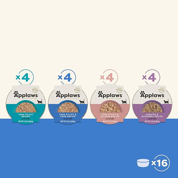 Applaws Natural Wet Cat Food in Broth, Limited and Natural Ingredients, High Protein with No Artificial Additives, Variety Fish Selection in Broth (16 x 2.12 oz Easy-Open Cups)