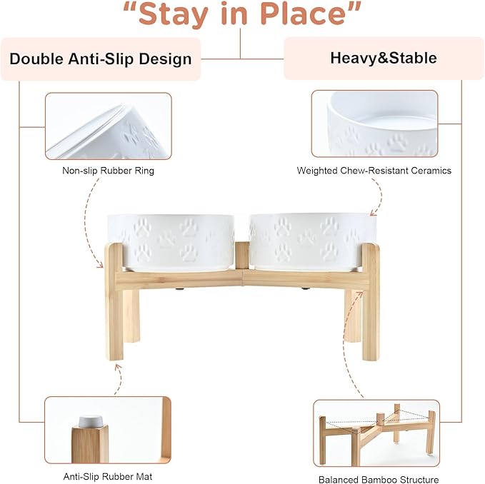 SPUNKYJUNKY Elevated Dog Bowls Ceramic, 7.3'' Dogs Food Water Bowls Raised with Non-Slip Bamboo Stand for Medium to Large Sized Breed Microwave Dishwasher Safe - 42 OZ,Paw White