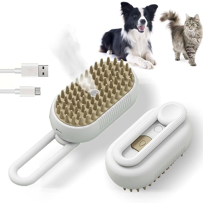 Cat Steam Brush for Shedding, 4 in 1 Rechargeable Pet Steam Brush for Dogs and Cats, Anti-Static, Massage, Cleaning, Shedding & Combing All In One! (White)
