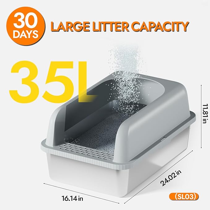 Stainless Steel Cat Litter Box with Lid, 24" L x 16" W x 11.8" H, Large Cat Litter Box for Multiple Cats with High Sided, No-Leak & Stick, Easy to Clean, Includes Litter Mat & Multi Functional Scoop