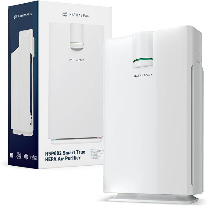 HATHASPACE HSP002 True HEPA Air Purifier for Home, Removes 99.9% of Dust, Smoke, Pet Dander, Odors, VOCs, Covers Up to 1500 Sq. Ft, Quiet Air Cleaner with Smart Sensor for Bedroom & Large Rooms
