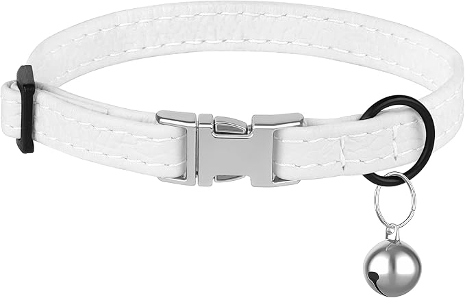 Leather Cat Collar with Buckle and Removable Bell - Non Breakaway Adjustable Soft Safety Small Pet Collars for Girl Boy Cats Kitten (White)