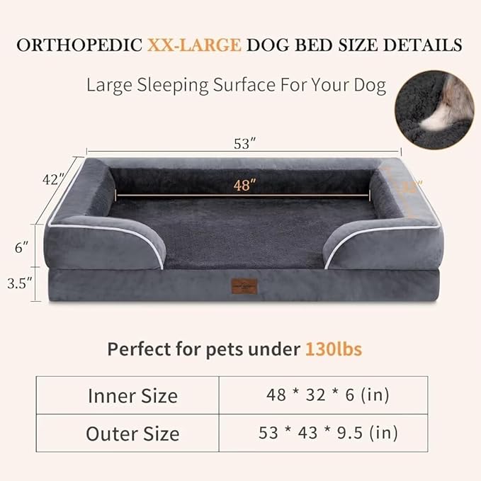 Comfort Expression Orthopedic Dog Bed for Extra Large Dogs 53x42 Inch, Waterproof Egg Crate Foam XXL Pet Bed with Removable Bolsters, Dog Couch with Washable Cover & Non-Slip Bottom, Dark Grey