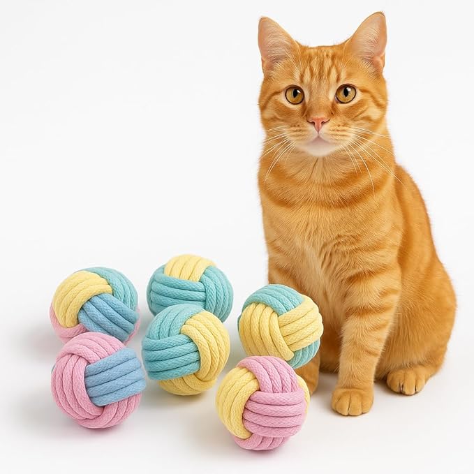 Cat Chew Balls – 6-Pack Rope Cat Toys with Crinkle Sound, Soft and Durable, for Indoor Cats, Kittens, Teeth & Gum Health
