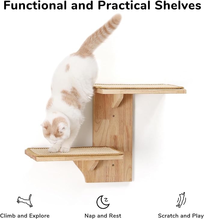 FUKUMARU Cat Wall Shelves, 2 Platform Kitten Wall Furniture, Tree Shape Wall-Mounted Floating Shelf with Sisal Mat, Solid Rubber Wood Cats Perch for 16 Inch Drywall, Suitable for Climb, Play, Nap