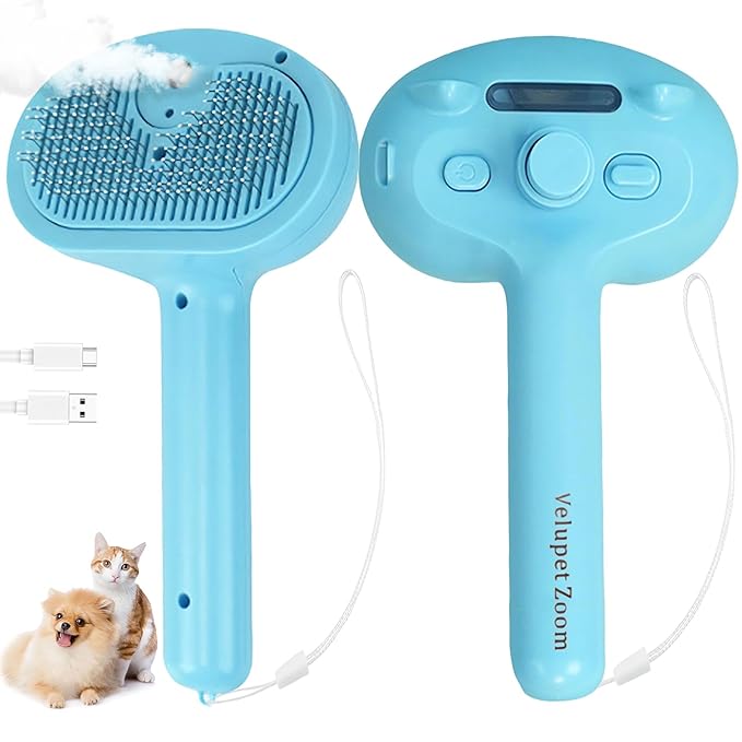 Cat Steam Brush for Shedding, Pet Steam Brush for Dog with Release Button,Anti-Static Pet Spray Hair Removal Comb,Cat Spray Comb for Long & Short Haired Pets,Blue