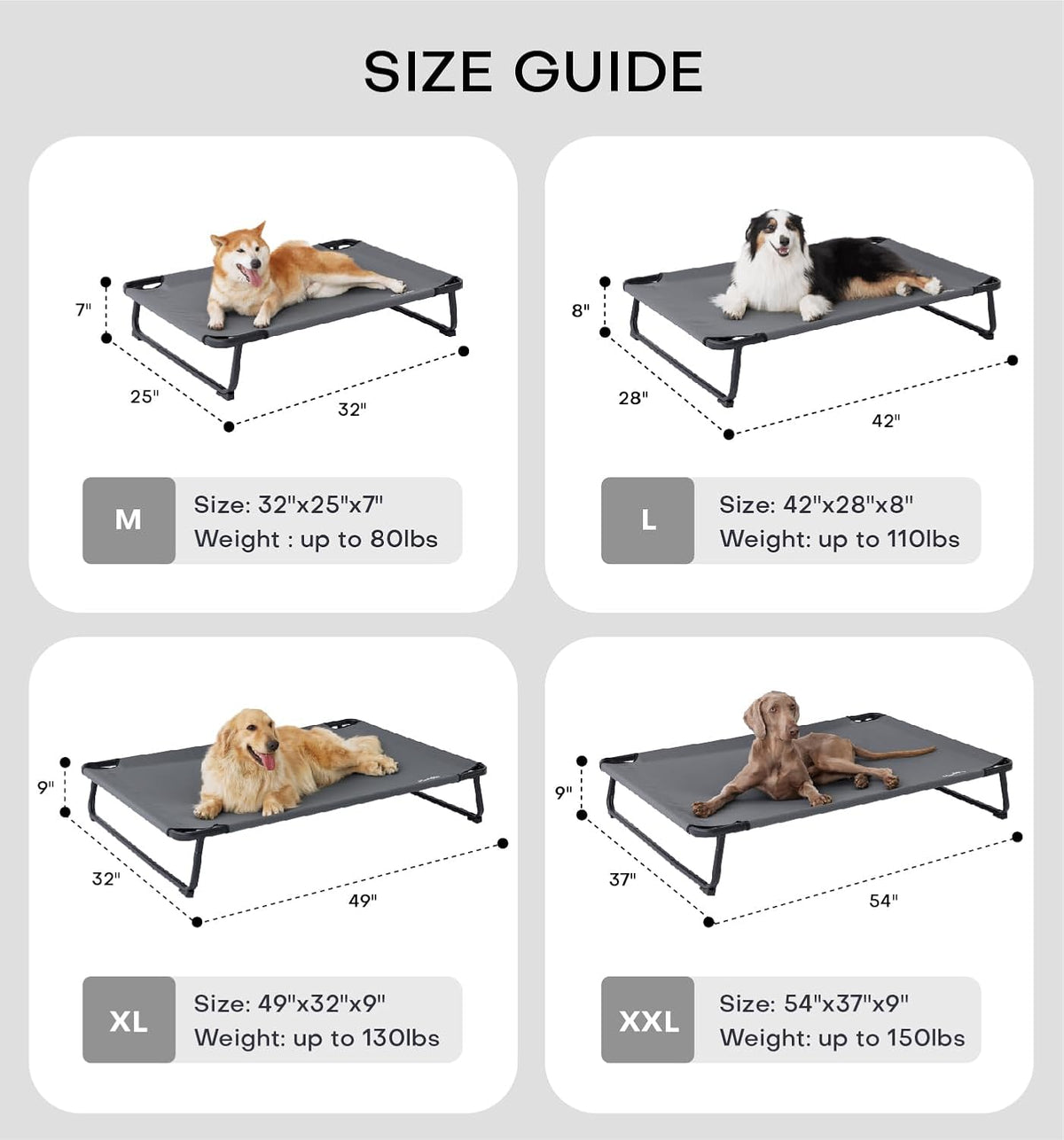 Made4Pets Outdoor Elevated Dog Bed for Large Dogs - Cooling Raised Pet Cot with Skid-Resistant Feet, Tool-Free Setup, Chew-Resistant Frame, Washable Mesh Hammock, Indoor & Outdoor Use, 42"x28", Gray