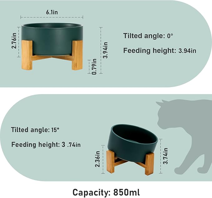 SPUNKYJUNKY 15° Slanted Ceramic Dog and Cat Bowl with Wooden Stand, Tilted Bulldog Food and Water Bowl No Slip Non-Spill for Cats Medium Dogs Big Face Pets 28.7 OZ (3.6 Cups, Green)