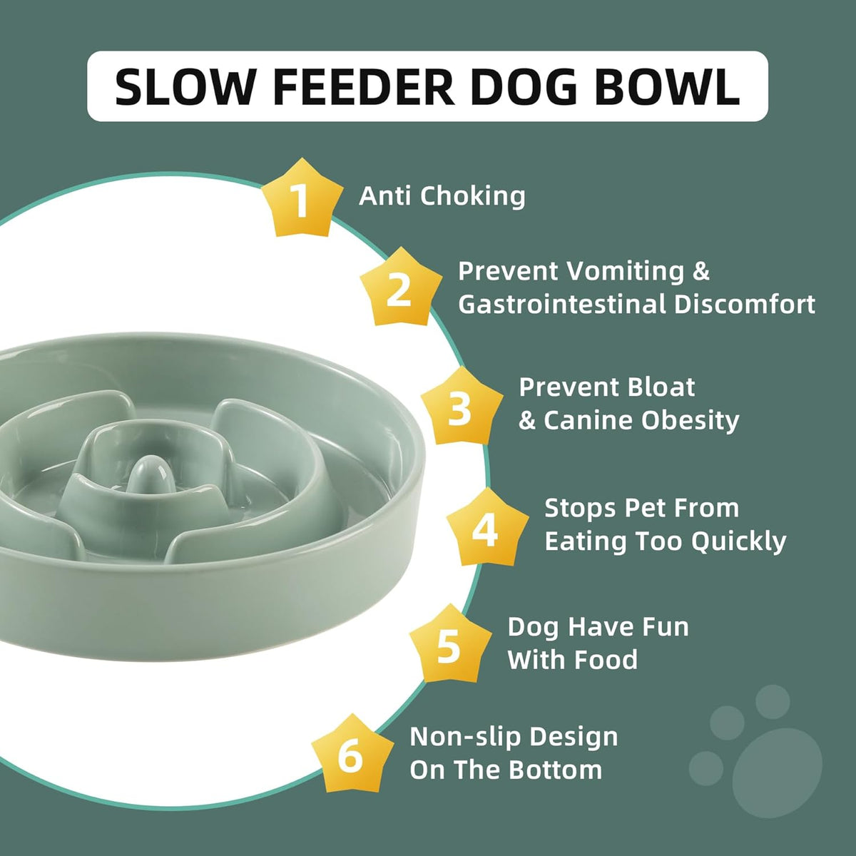 7.3inch Ceramic Slow Feeder Dog Bowl for Medium and Large Breed, Puzzle Dog Food Dish, Anti-Gulping, Pet Slow Feeder, Stop Bloat, Preventing Choking (Single Bowl-Light Green)