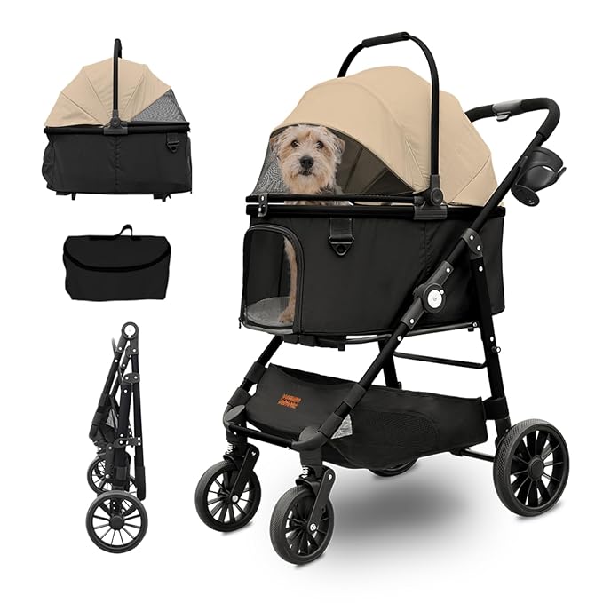Dog Cat Stroller, Foldable 4 Wheels Dog Stroller for Small Medium Dogs 20 lbs,Pet Strollers for Large Dogs 50lbs, Stable Anti-Shock Detachble Carrier,with 360°Swiveling Front Wheel forTravel