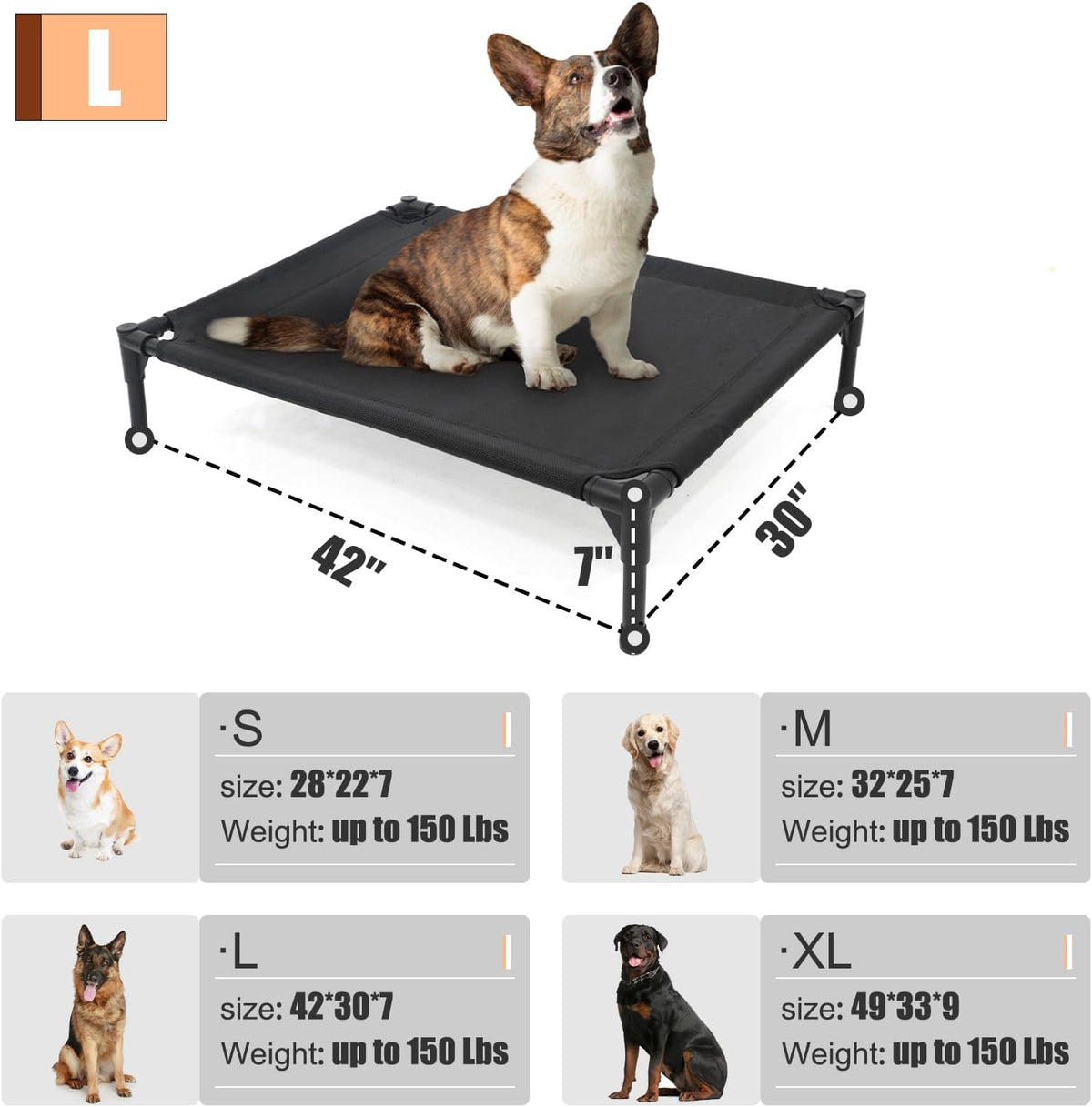 Elevated Dog Bed for Large Dogs - Heavy Duty, Recyclable Mesh, Fits Up to 150 LBs - Indoor & Outdoor, Green