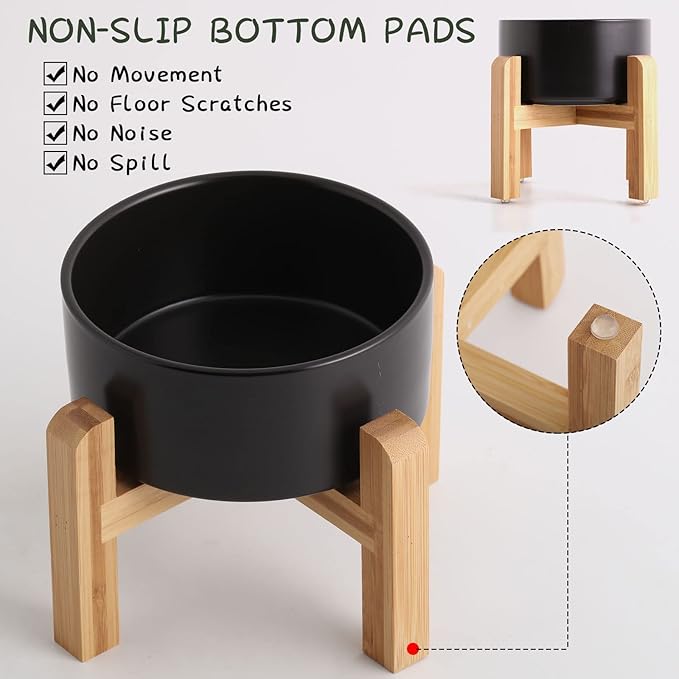 Petygooing 28 OZ Black Elevated/Raised Ceramic Dog Bowl for Small and Medium Breeds, Dog Food Water Dish with Stand,Pet Feeding Bowl with Anti Slip Rubber for Cats Small and Medium Dogs (3.6 Cups)