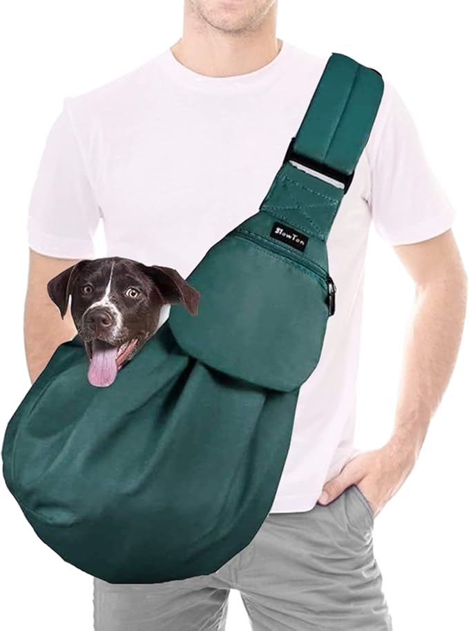 Lukovee Pet Sling, Hand Free Dog Sling Carrier Adjustable Padded Strap Tote Bag, Shoulder Bag with Safety Belt & Front Pocket for Small Dog Cat Puppy (Green,S)